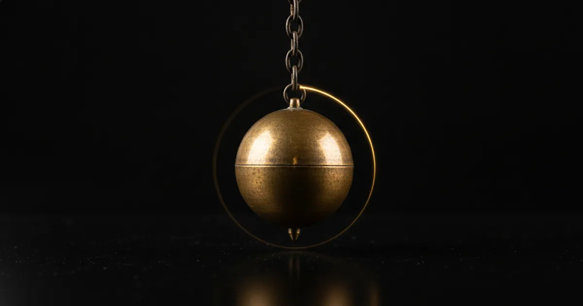 Pêndulo de bronze em pleno balanço sobre fundo preto, com luz dourada lateral, representando o ciclo do efeito sanfona