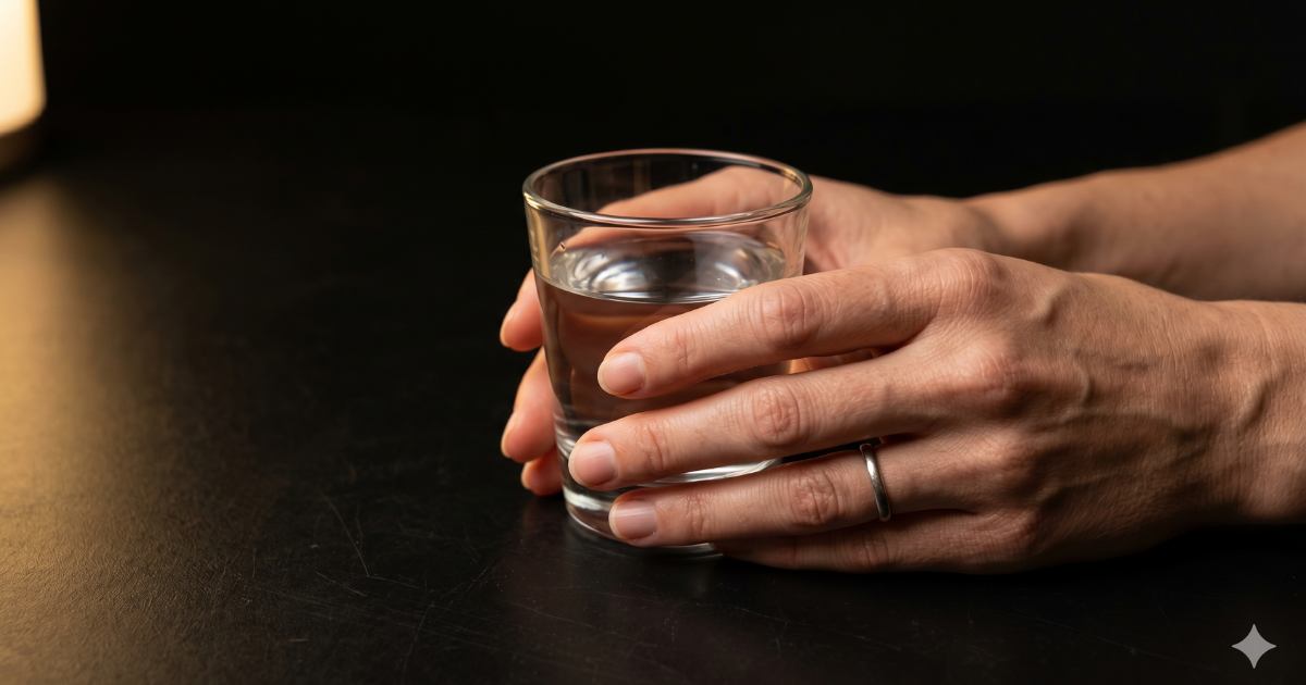 Mãos de mulher segurando copo d'água sobre superfície escura, menopausa e metabolismo