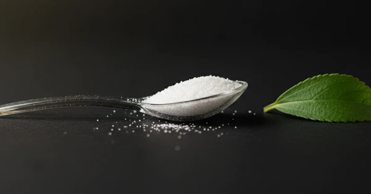 Colher com pó branco de adoçante natural ao lado de uma folha verde de stevia, fundo preto com luz dourada lateral